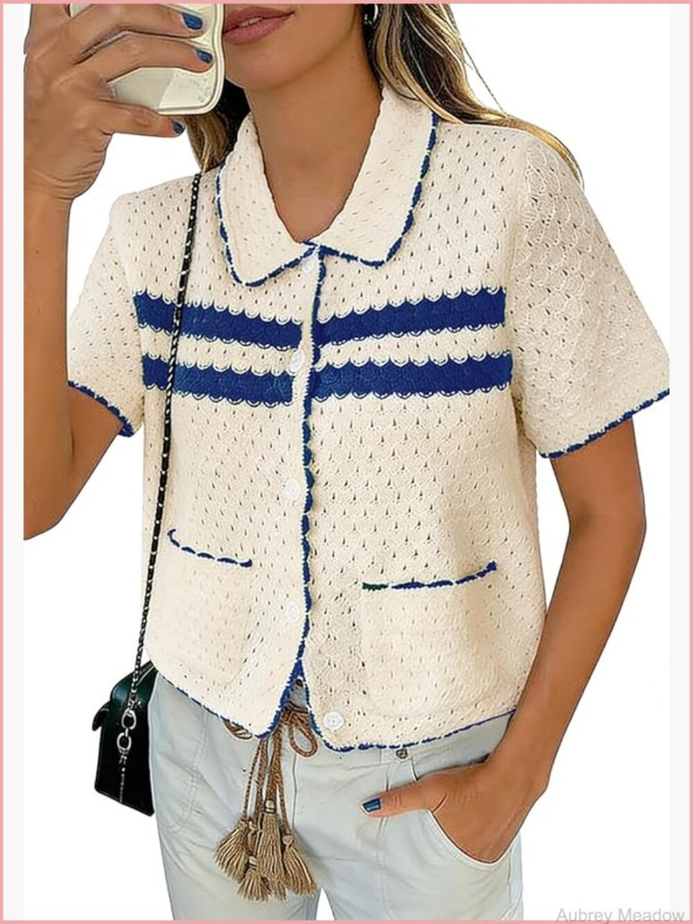 Button Down Short Sleeve Striped Crochet Knit Cardigan Top